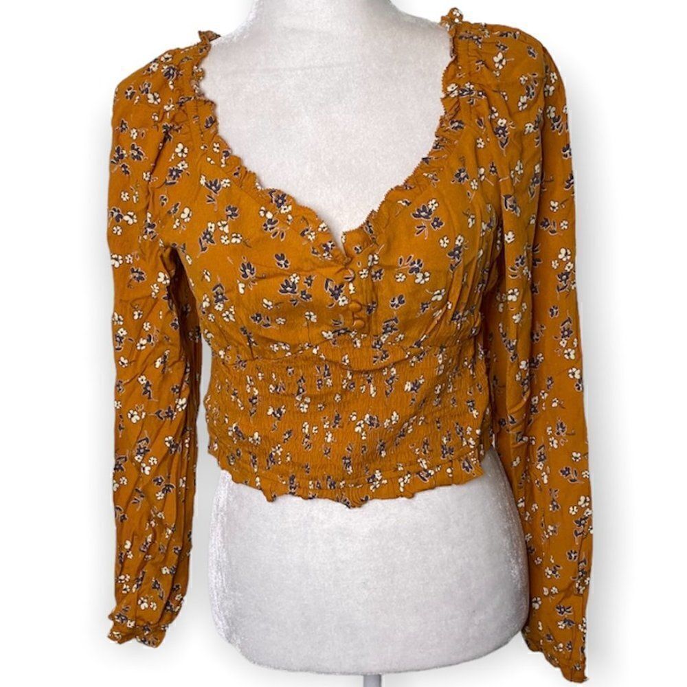 Elodie Gold Floral Cropped Smocked Long Sleeve Boho Top SZ L